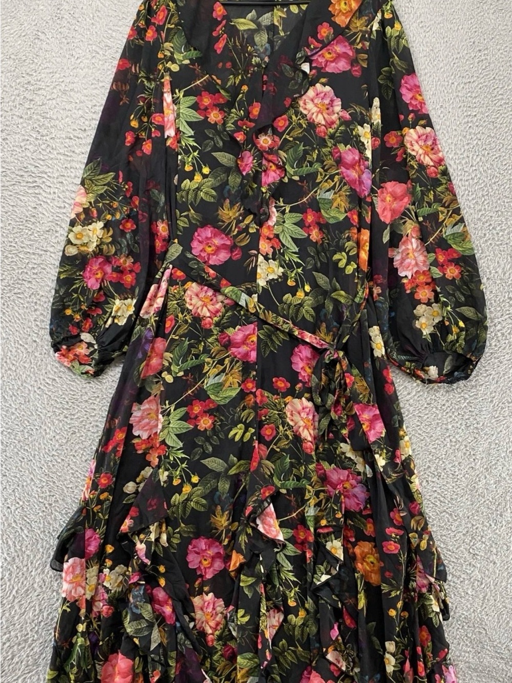 Floral Black Long Sleeve Ruffle Wrap Dress
